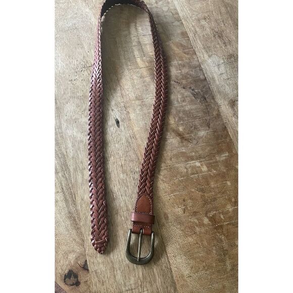 Vintage Woven Brown Leather Belt Brass Buckle 42” Unisex Boho Rustic Style - Picture 4 of 6